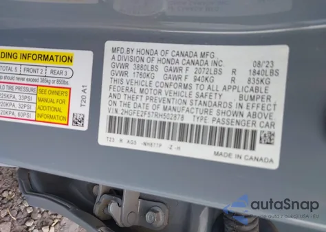 2024 Honda Civic Sport из США, поврежденный, VIN 2HGFE2F57RH502878